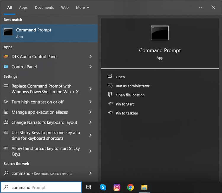 zoek naar opdrachtprompt in het startmenu