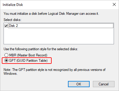 selecteer gpt in initialiseer schijf in interne harde schijf niet gedetecteerd