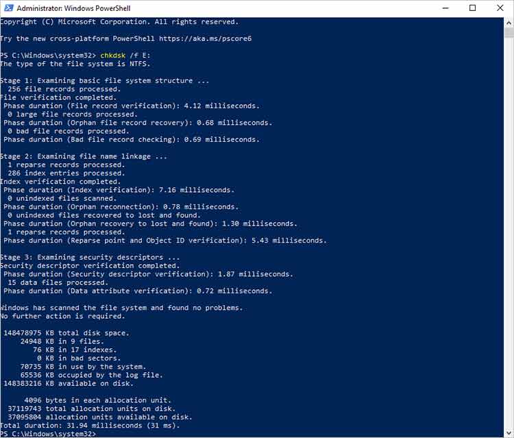 Typ in het Windows PowerShell-venster chkdsk