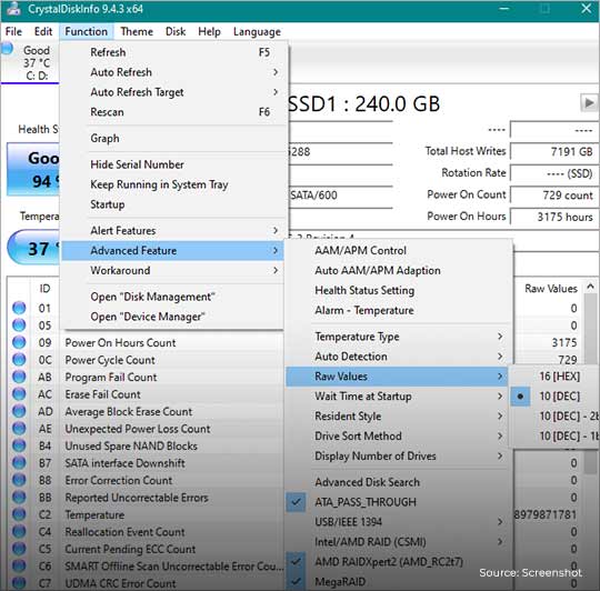 Stellar-go-to-raw-waarden-in-crystaldiskinfo