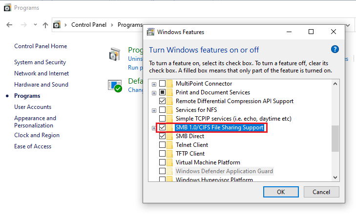 Support du partage de fichiers SMB 1.0/CIFS