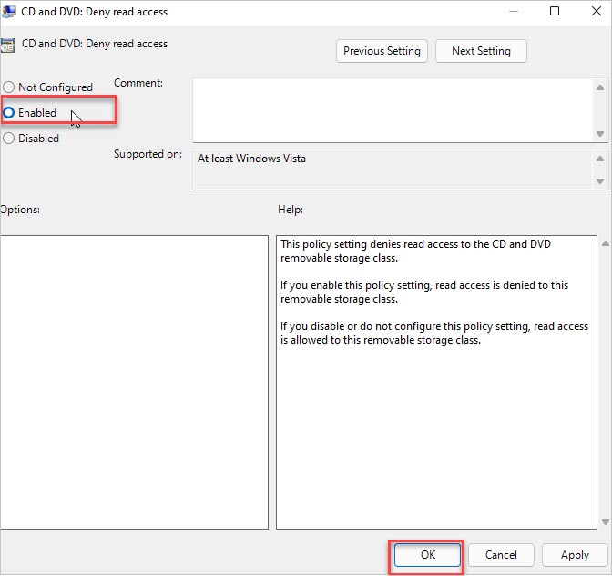 Cochez Activé dans les paramètres de stratégie.