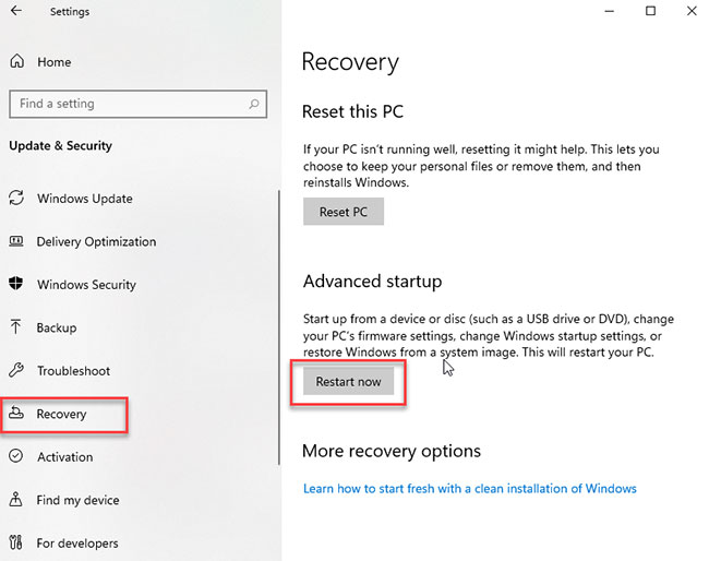 Restart Now in advanced startup