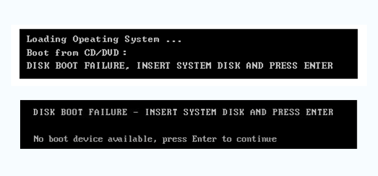 Échec du démarrage du disque. Insérez le disque système et appuyez sur Entrée.