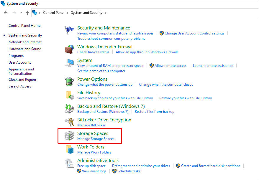 Cliquez sur Espace de stockage